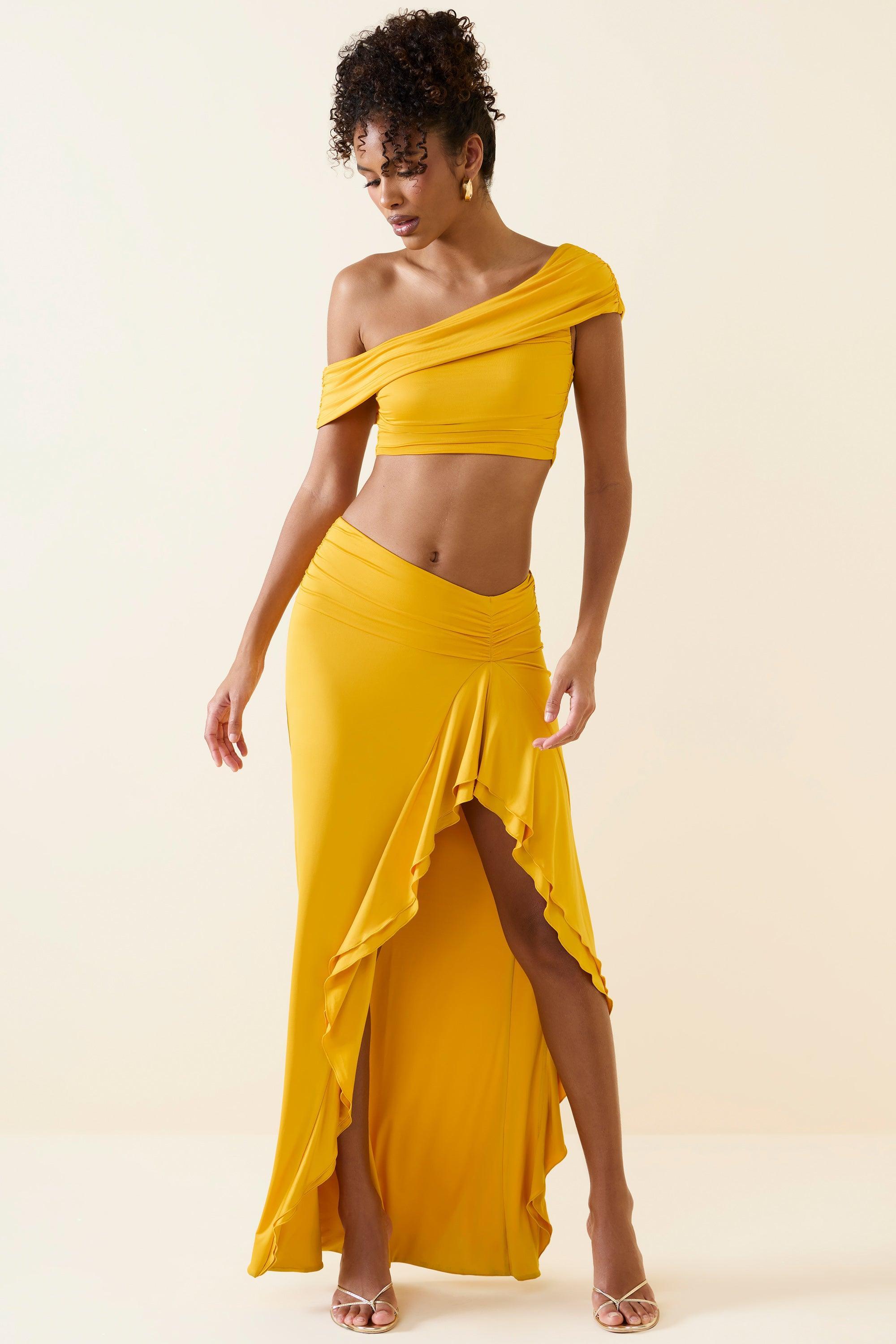 Asymmetric Ruffled Low-Rise Maxi Skirt in Golden Yellow Product Image