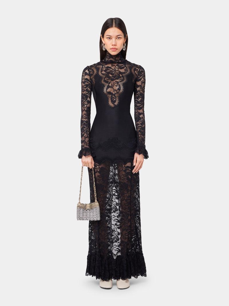 BLACK LONG DRESS IN LACE AND JERSEY Product Image