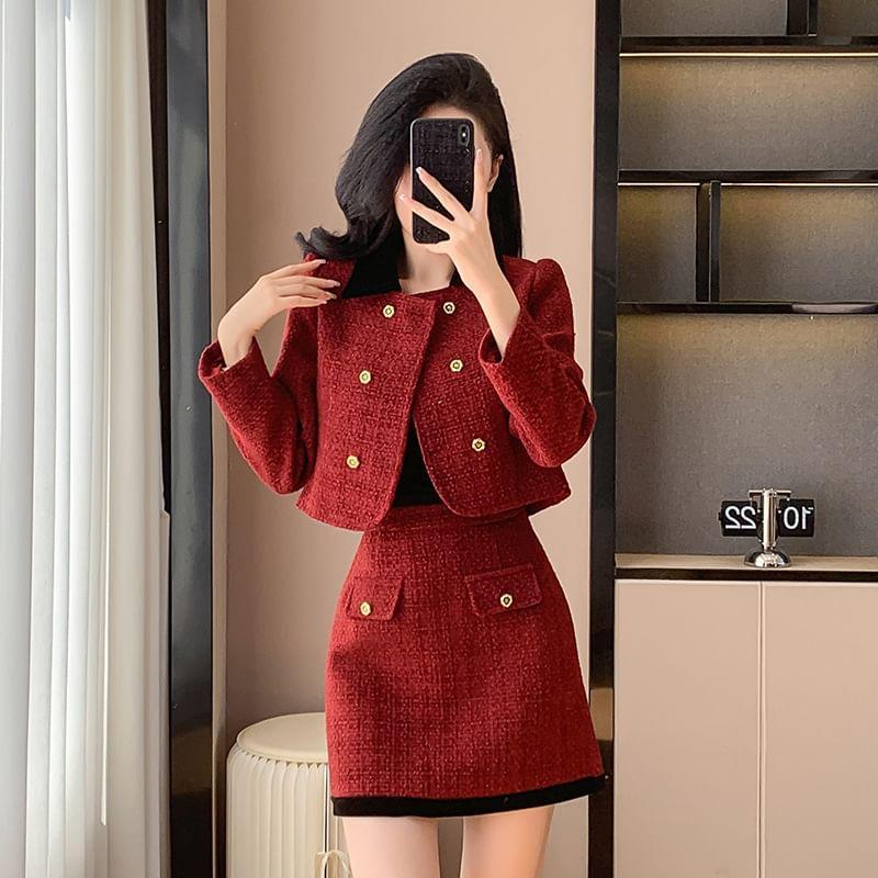 Set: Collared Tweed Double Breasted Jacket + Mid Rise Mini A-Line Skirt Product Image