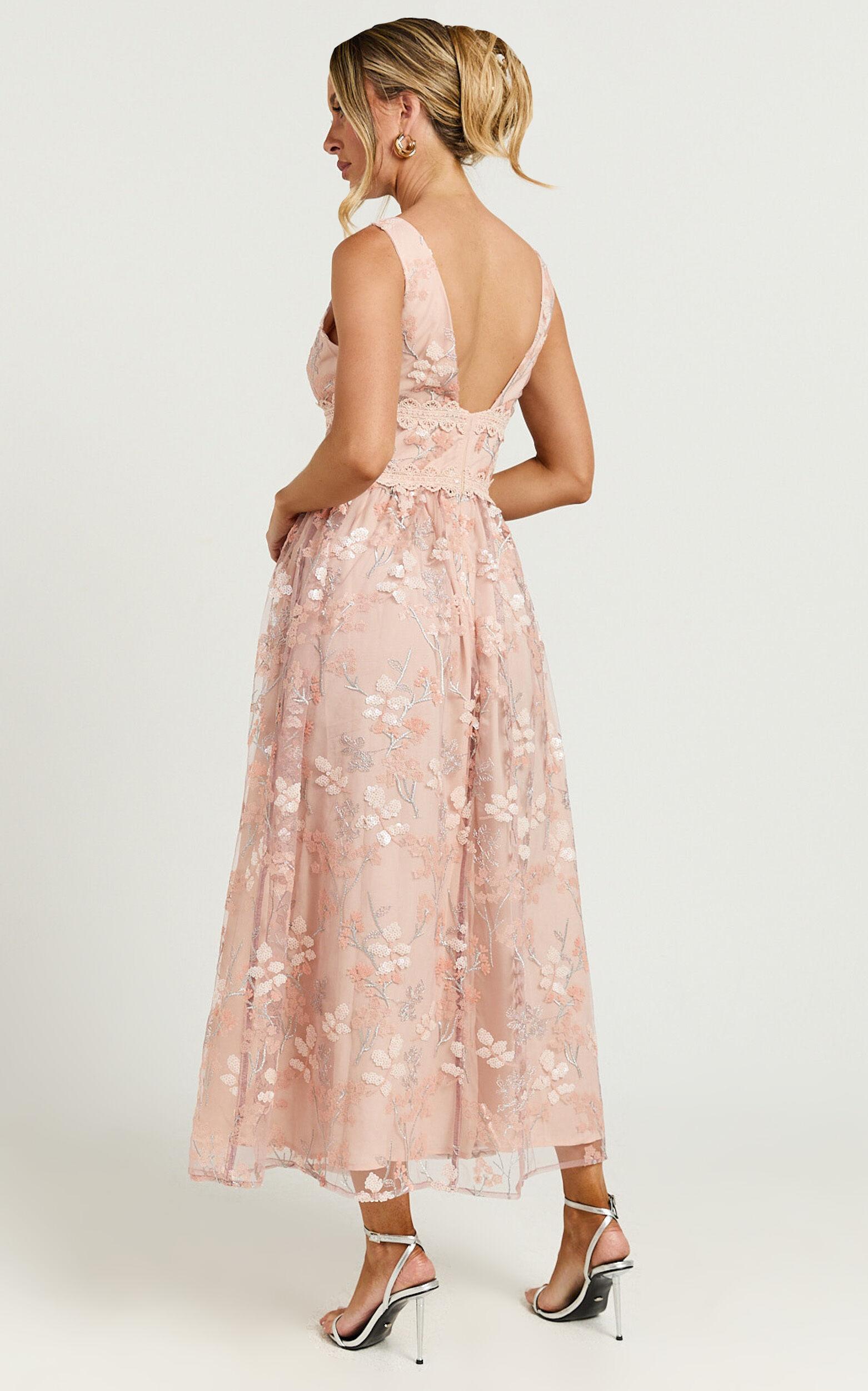 Seychelles Midi Dress - Plunge Embroidery 3d Floral Lace Dress in Light Pink Product Image