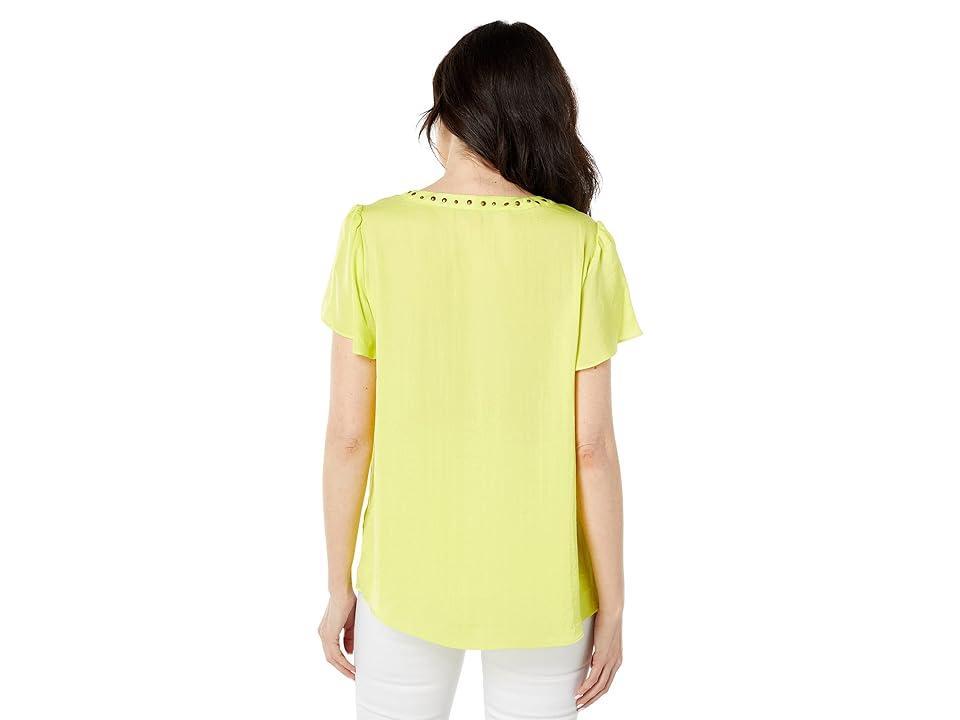 Vince Camuto Short Sleeve Embroidered V-Neck Rumple Blouse (Chartreuse) Women's Clothing Product Image