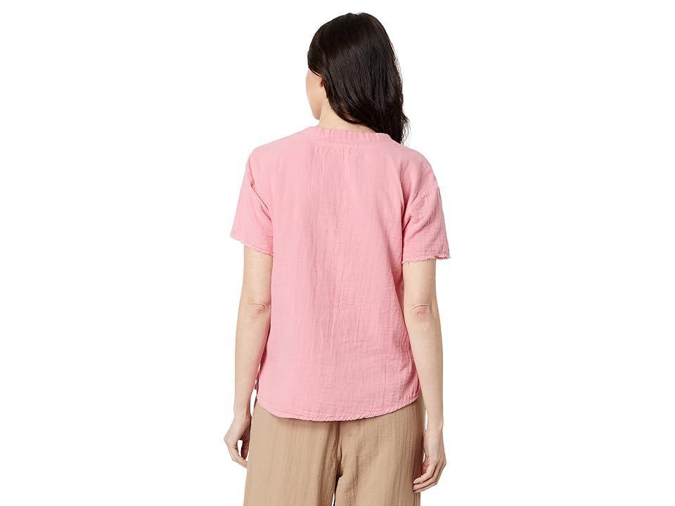 Mod-o-doc Double Layer Gauze Short Sleeve V-Neck Curve-Hem Blouse (Coral Sun) Women's Clothing Product Image