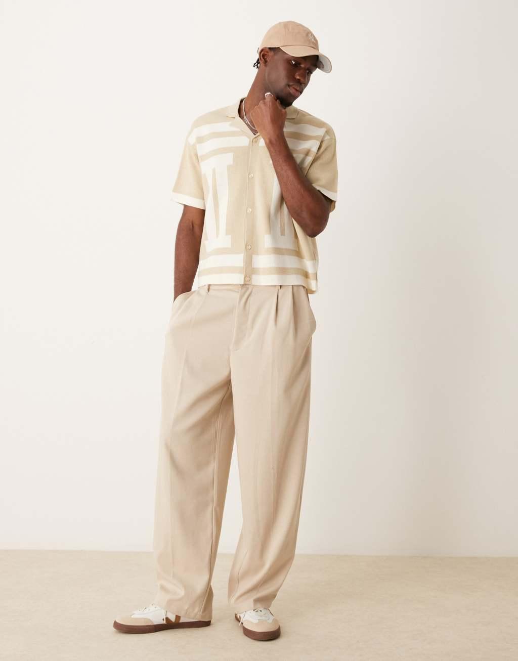 ASOS DESIGN oversized boxy knitted shirt with pattern in neutral Product Image