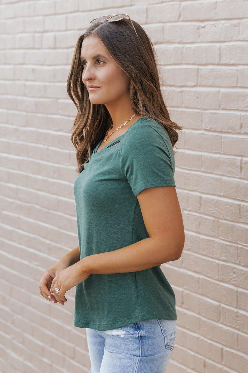 Green V Neck Slit T-Shirt - FINAL SALE Product Image