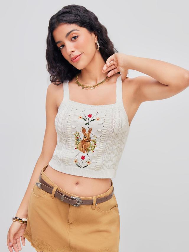 Knitted Square Neck Rabbit Embroidery Crop Cami Top Product Image