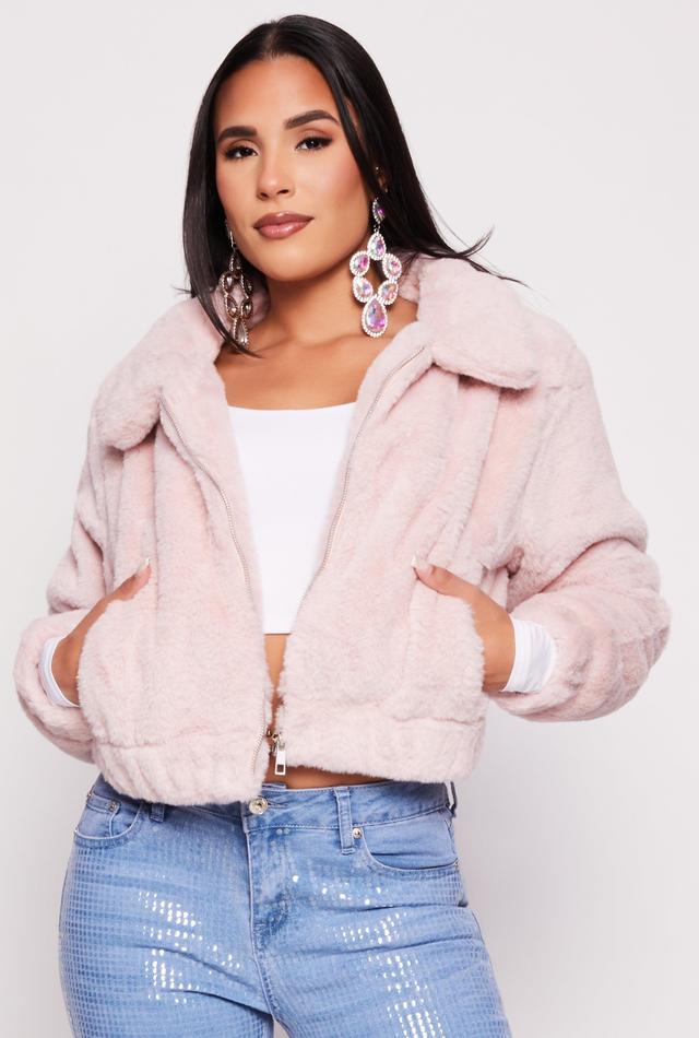 Womens Faux Fur Zip Front Cropped Jacket Product Image