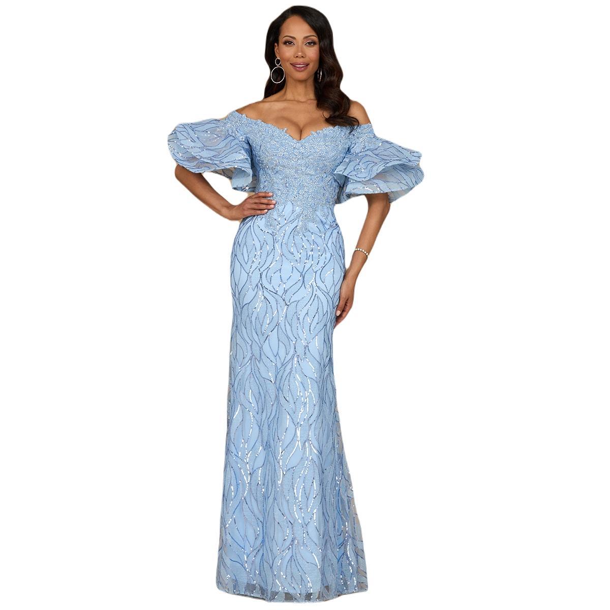 Lara Womens Off shoulder mermaid beaded gown with tiered sleeves Product Image