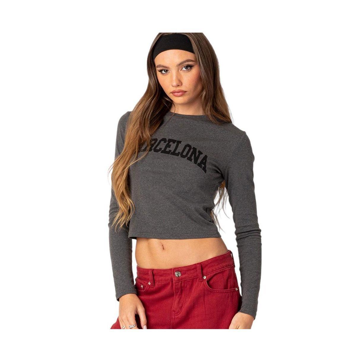 EDIKTED Barcelona Long Sleeve Cotton Graphic Crop T-Shirt Product Image