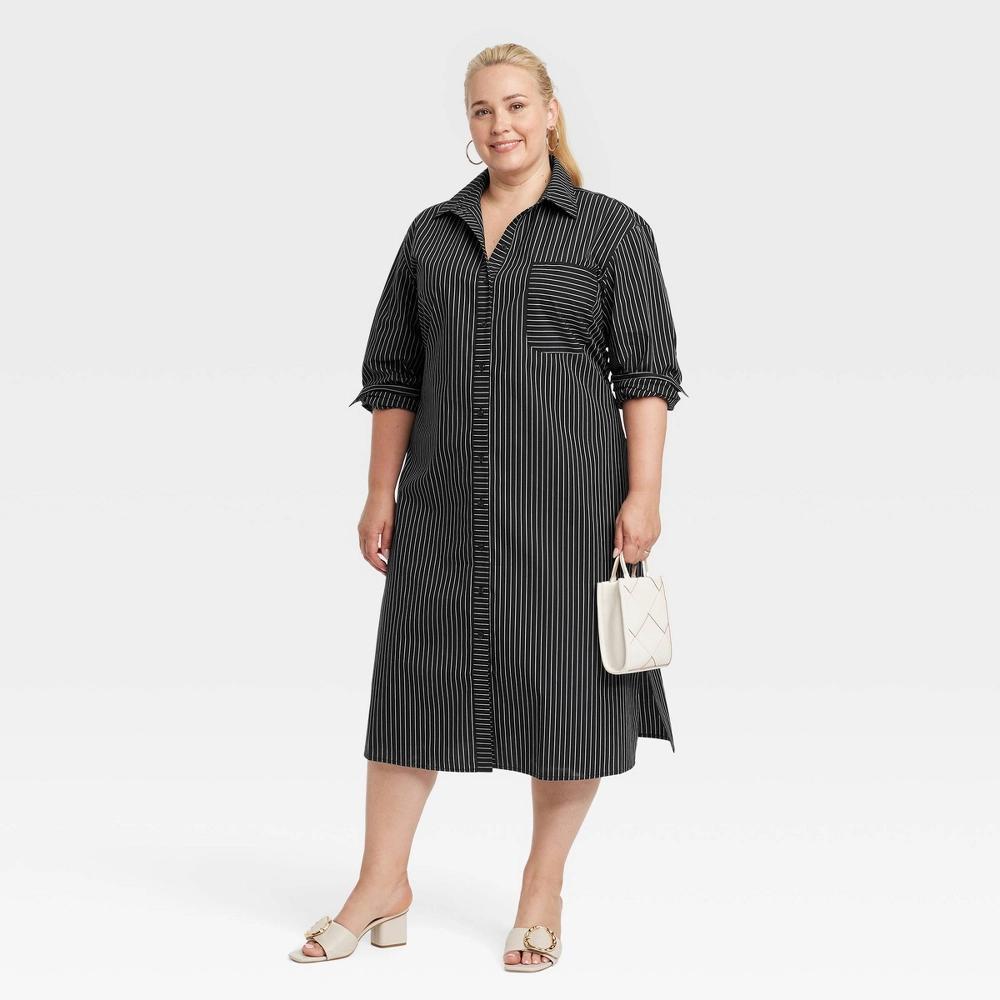 Women's Versatile Long Sleeve Midi Shirtdress - A New Day™ Black/White Striped 1X Product Image