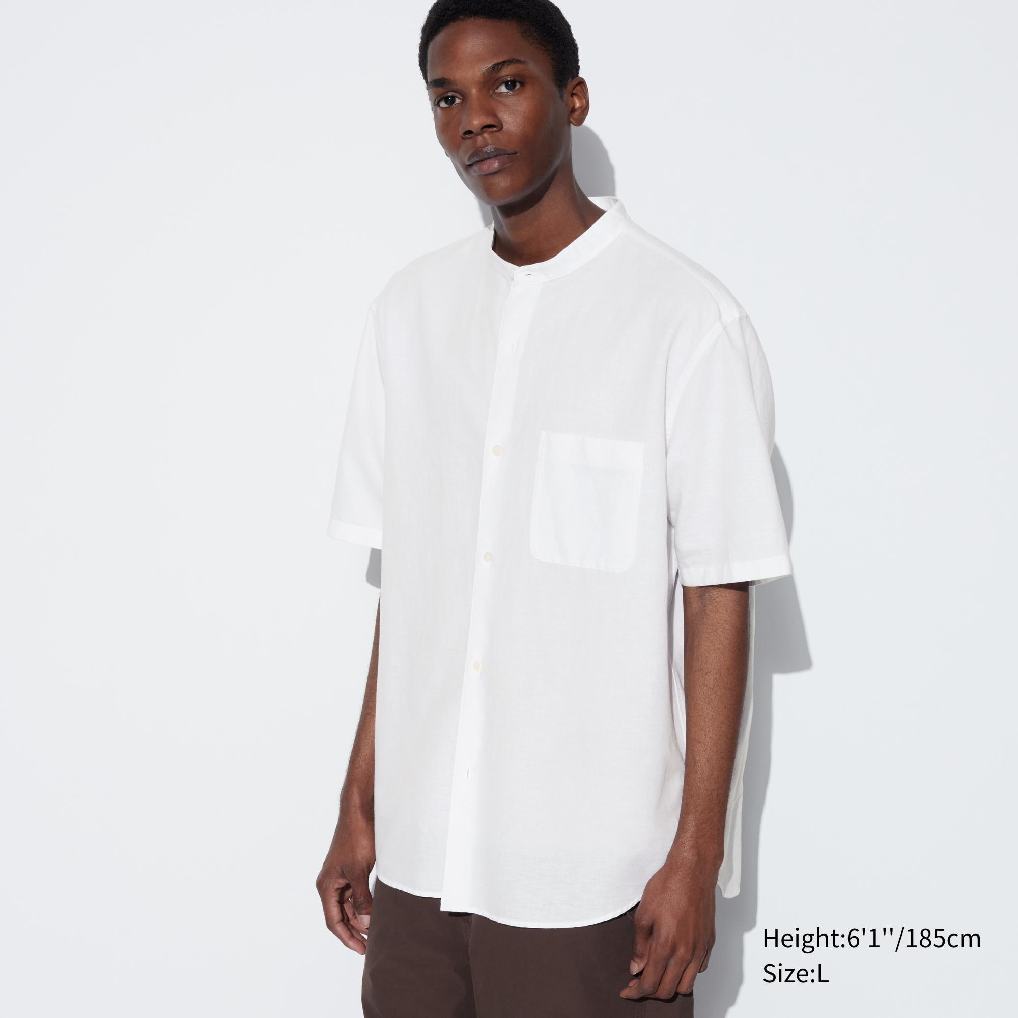 Mens Cotton Linen Stand Collar Short-Sleeve Shirt White Small UNIQLO US Product Image