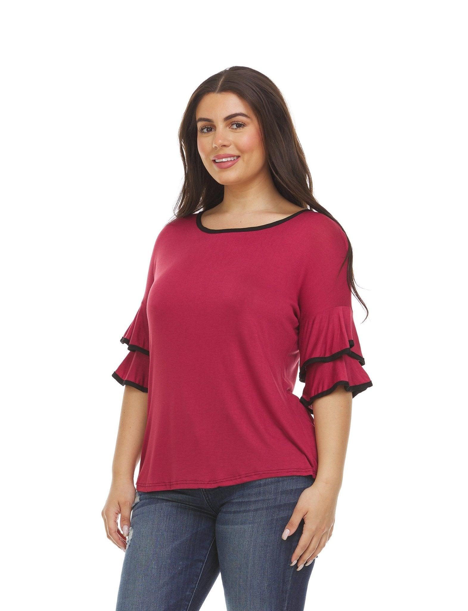 Womens Multi Ruffle Sleeve Top With Contrast Color Trim On Ruffles & Neckline Product Image