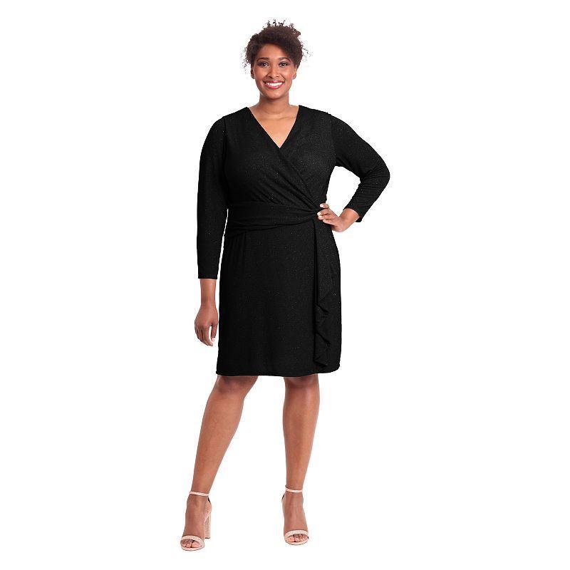 Plus Size London Times Shirred Surplice Side Flounce Long Sleeve Dress, Womens Product Image