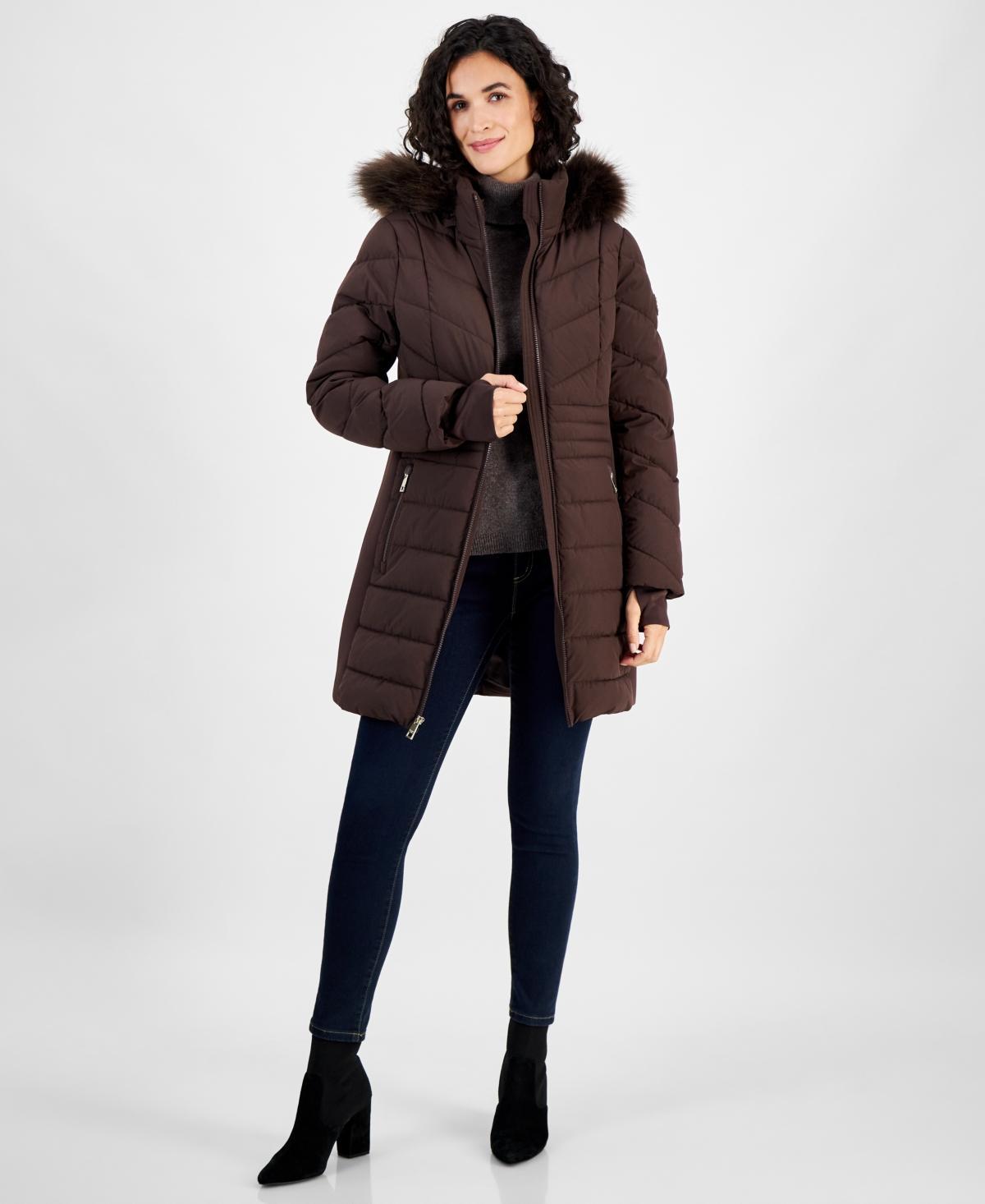 Michael Michael Kors Womens Faux-Fur-Trim Hooded Puffer Coat, Created for Macys Product Image