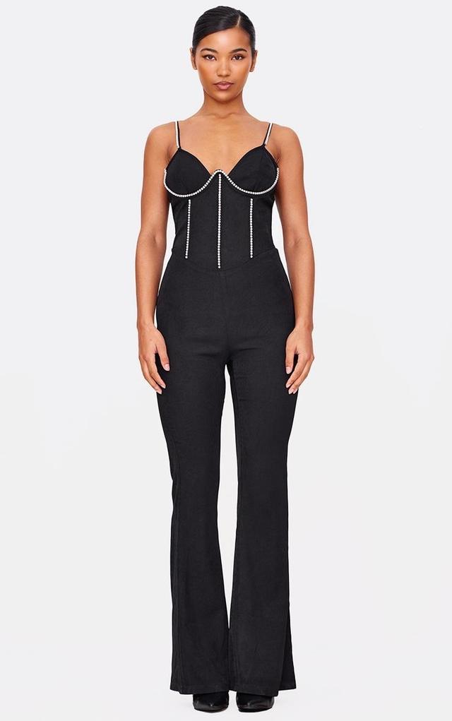 Black Diamante Corset Detail Flared Strappy Jumpsuit Product Image