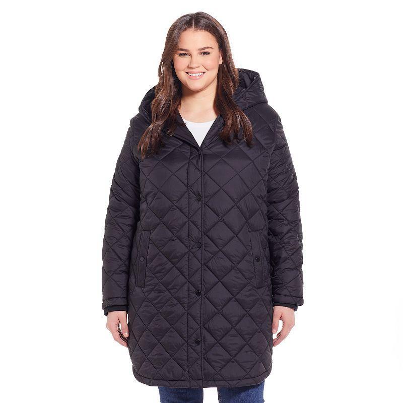 Plus Size Weathercast Hooded Diamond-Quilted Duffle Coat, Womens Product Image