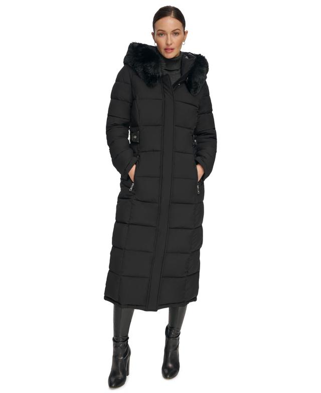 Dkny Womens Faux-Fur-Trim Hooded Maxi Puffer Coat Product Image