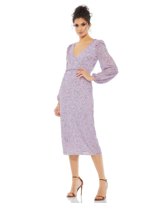 Womens Sequined Illusion Puff Sleeve V Neck Midi Dress Product Image