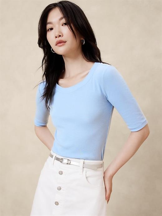 Ribbed Elbow-Sleeve T-Shirt Product Image