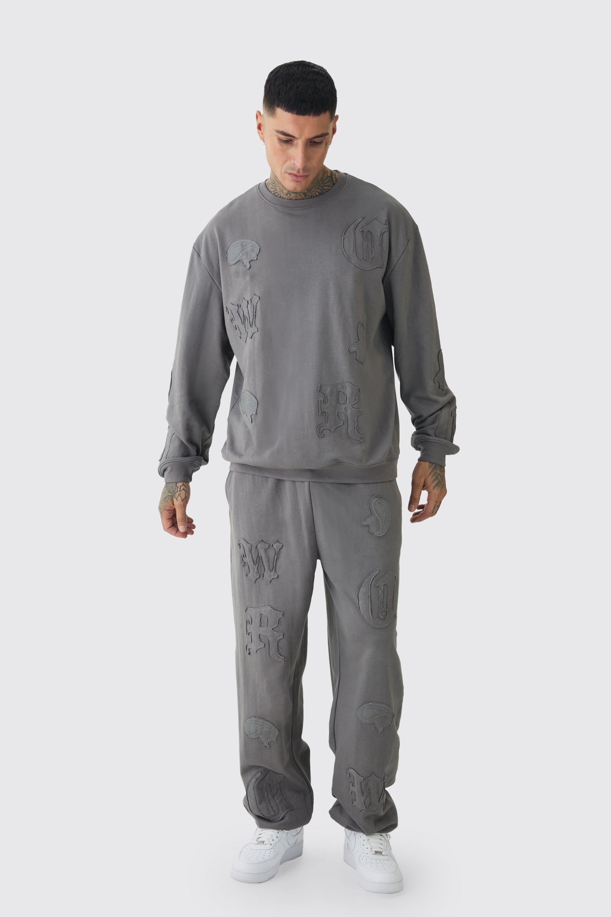 Tall Oversized Applique Sweater & Relaxed Sweatpants Tracksuit | boohooMAN USA Product Image