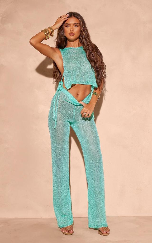 Turquoise Sequin Knit Wide Leg Floaty Pants Product Image