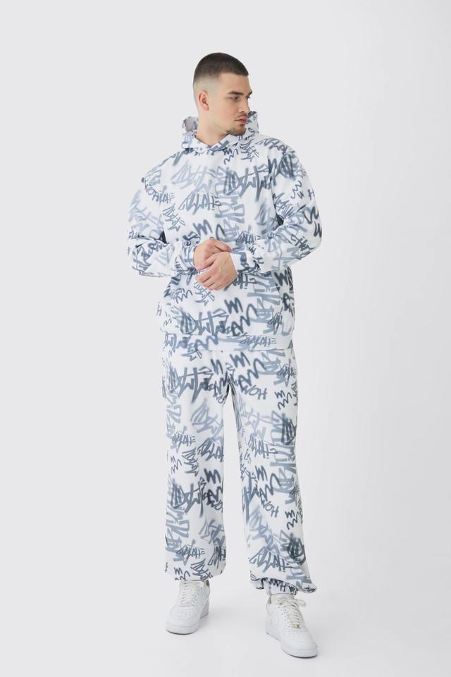 Tall Oversized Graffiti Print Hooded Wide Leg Tracksuit | boohooMAN USA Product Image