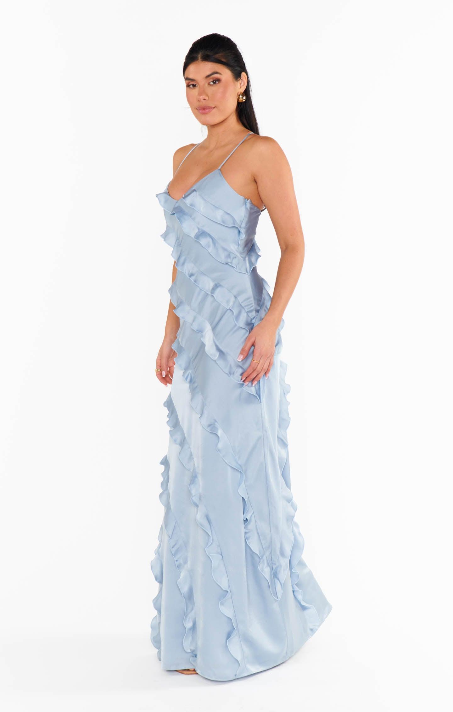 Romance Ruffle Dress ~ Steel Blue Luxe Satin Product Image