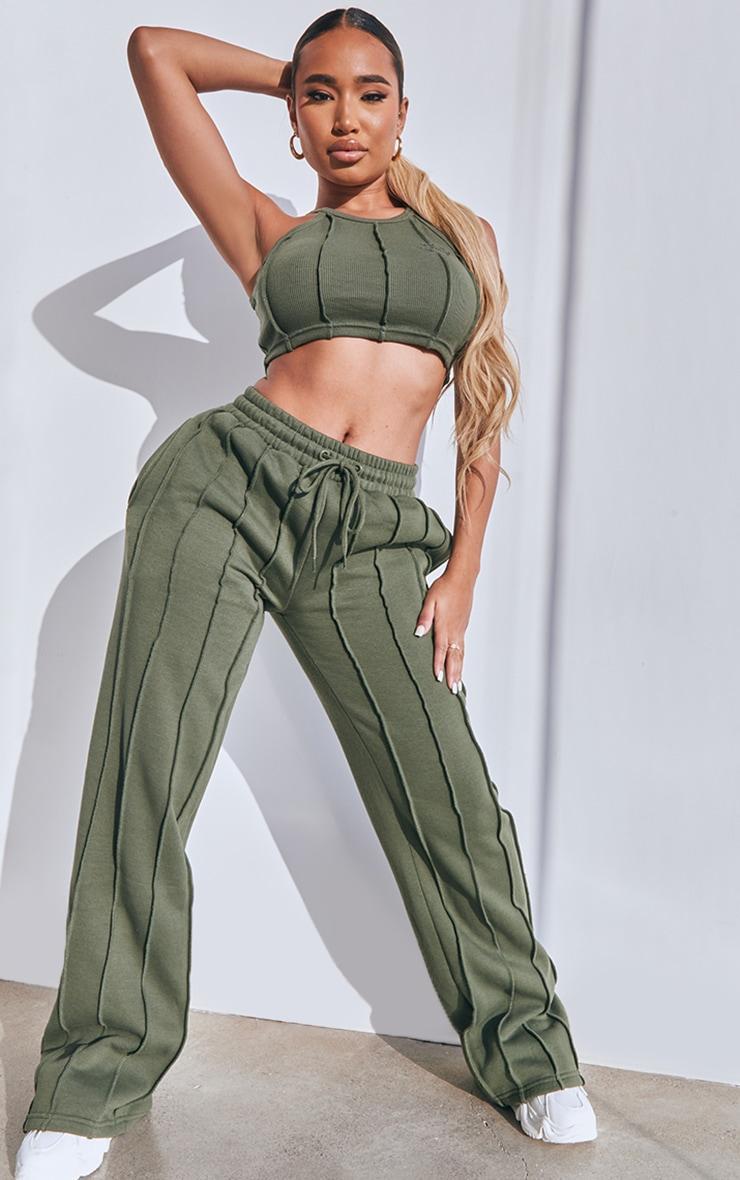 PRETTYLITTLETHING Shape Khaki Rib Seam Detail Crop Top Product Image