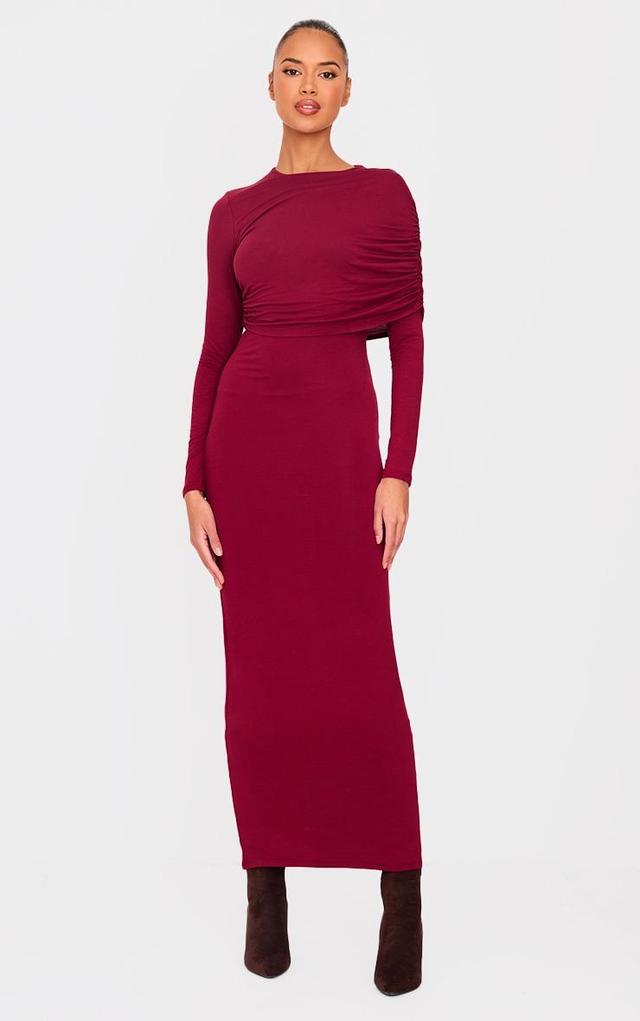 Burgundy Ruched Overlay Long Sleeve Maxi Dress Product Image