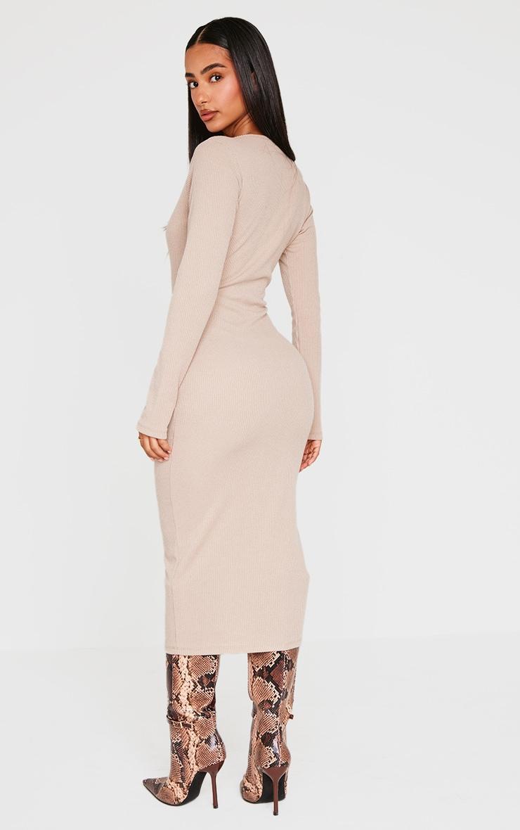 Petite Taupe Long Sleeve Brushed Rib Button Detail Midi Dress Product Image