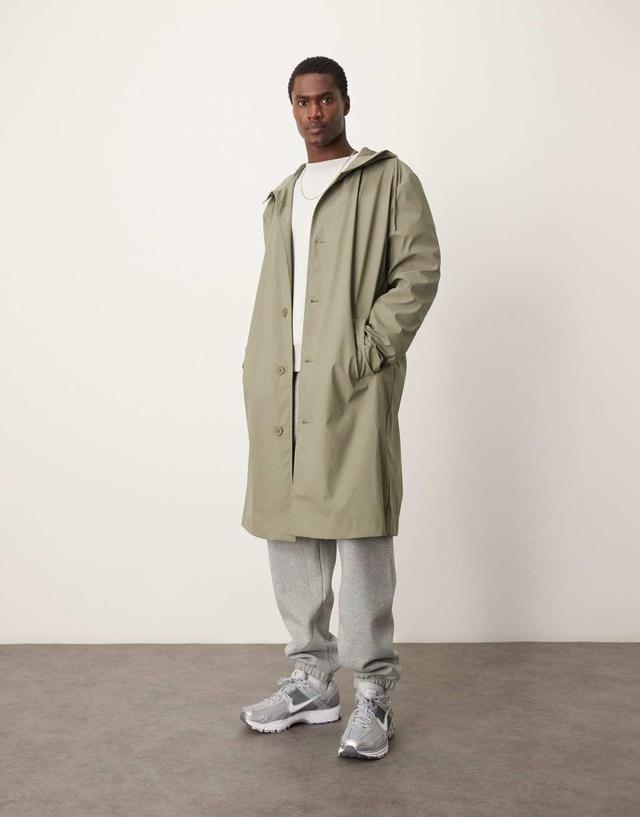 ASOS DESIGN rubberized trench coat with hood in khaki Product Image