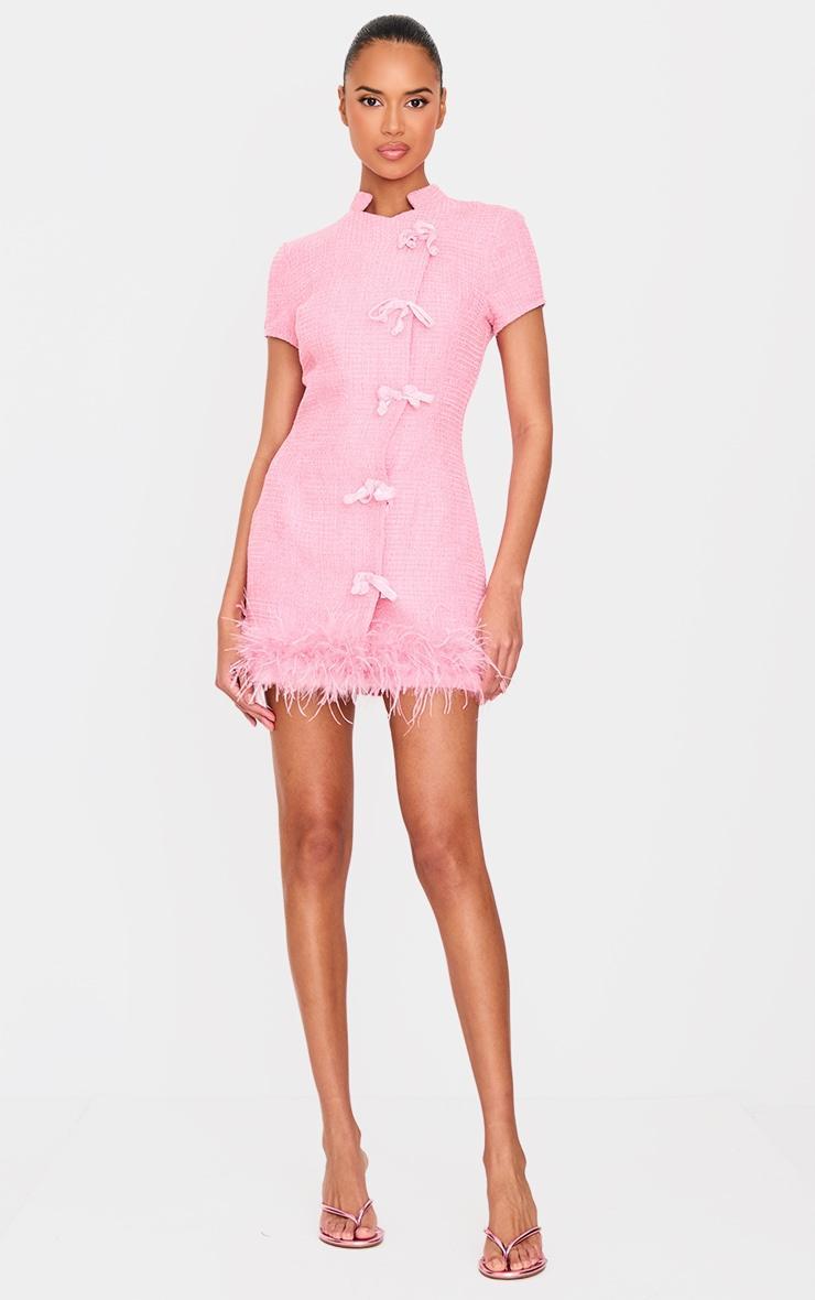 Pink Glitter Boucle Feather Trim Mini Dress Product Image