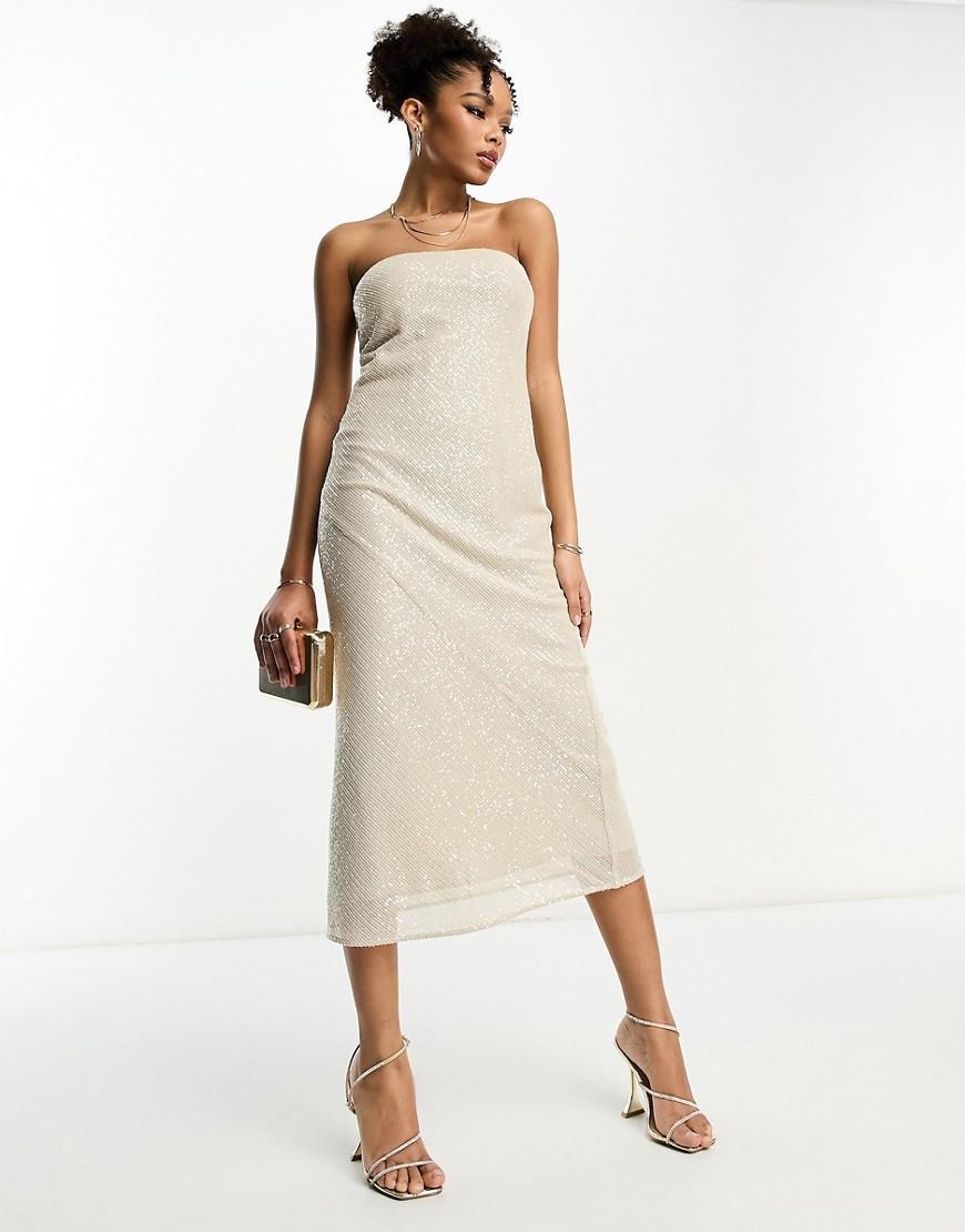 ASOS DESIGN embellished bandeau midi dress in allover sequin in stone  Product Image