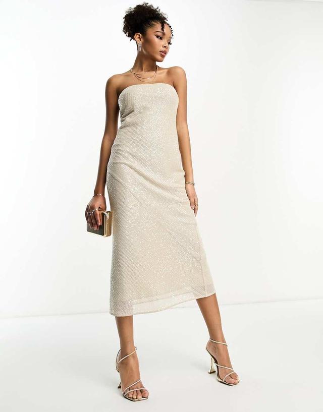 ASOS DESIGN embellished bandeau midi dress in allover sequin in stone  Product Image