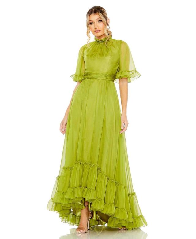 Womens Ruffled High Neck Flutter Sleeve High Low Hem Gown Product Image