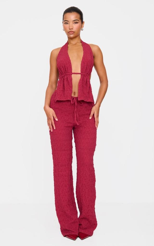 Burgundy Wide Leg Textured Pants Product Image