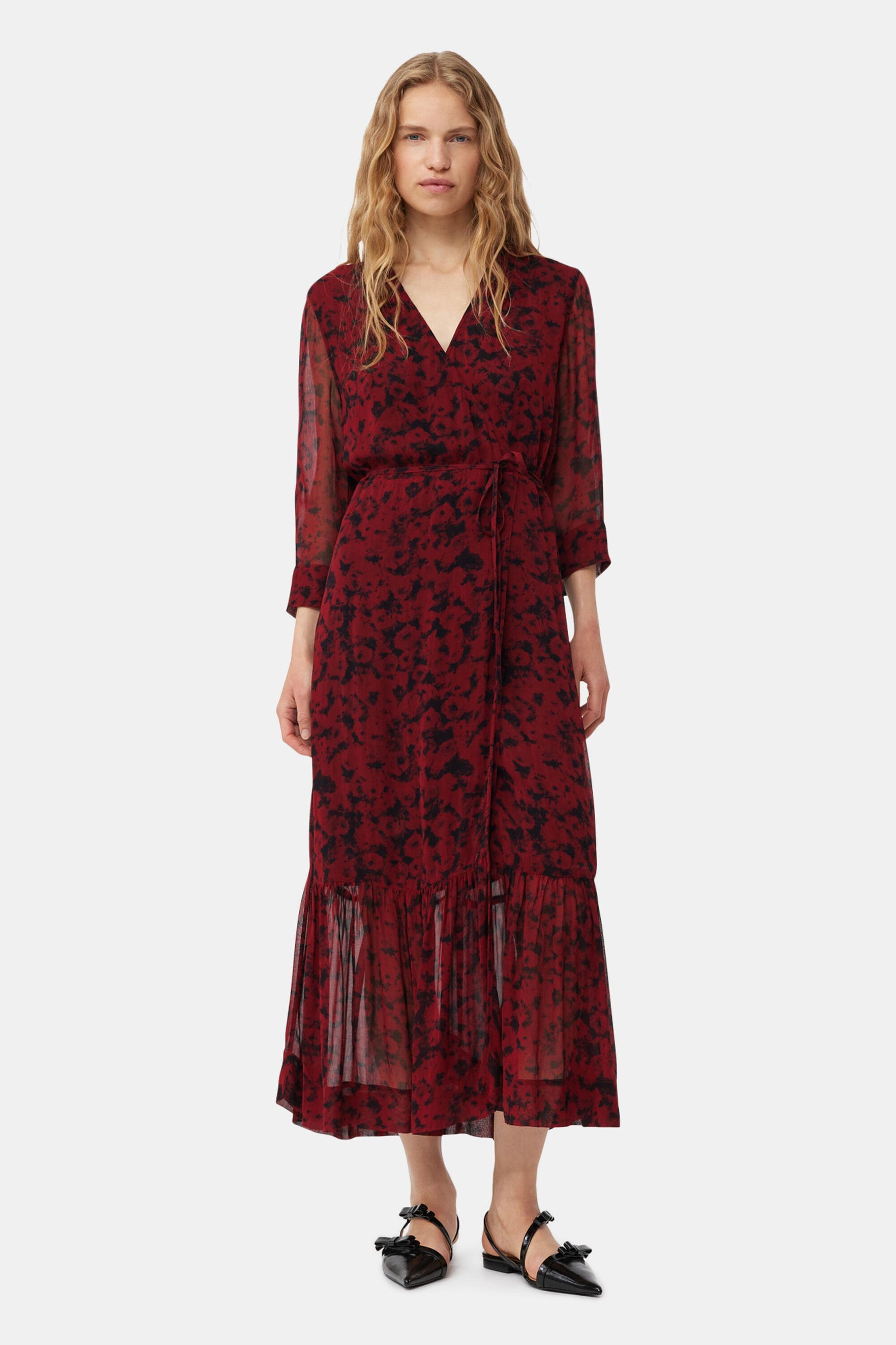 Red Printed Light Georgette Wrap Midi Dress Product Image