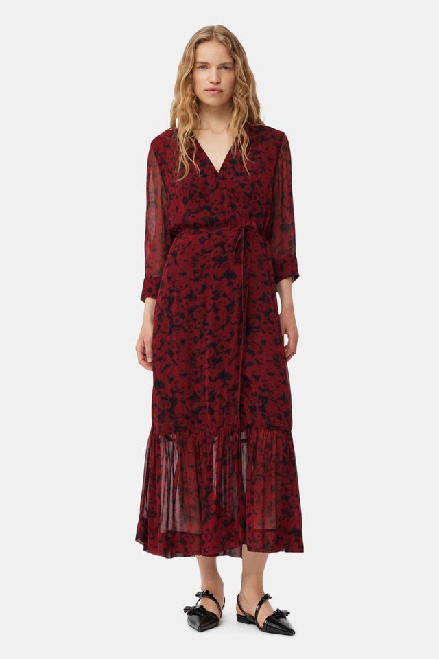 Red Printed Light Georgette Wrap Midi Dress Product Image