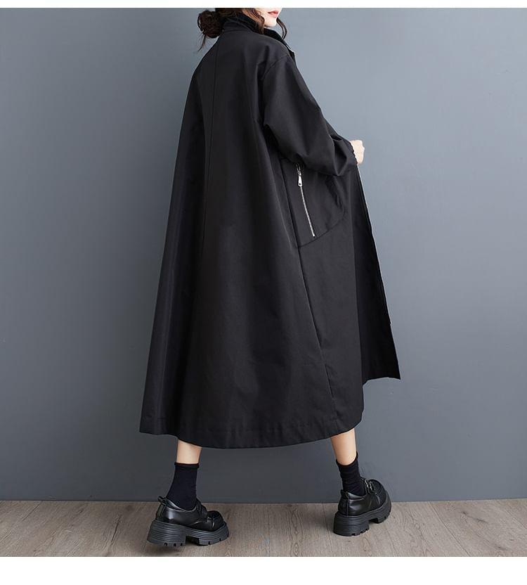 Stand Collar Plain Zip-Up Long Trench Coat Product Image