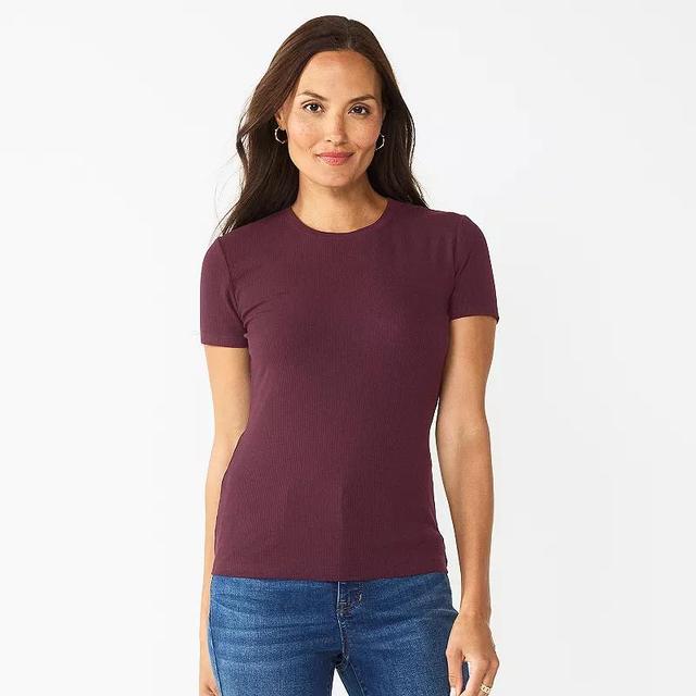 Womens Nine West Fitted Ribbed Crewneck Top Maddie Purple Product Image