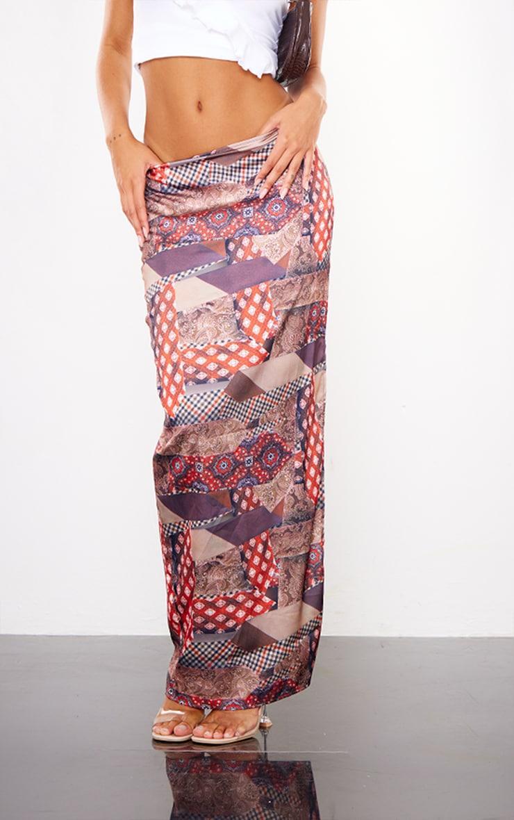 Brown Tie Dye Printed Satin Low Rise Maxi Skirt Product Image