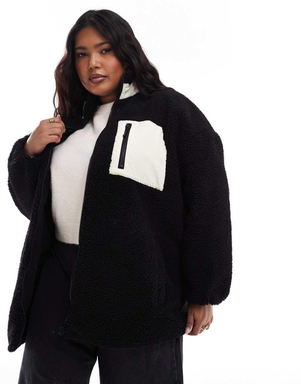 ONLY Curve oversized funnel neck teddy fleece jacket in black Product Image