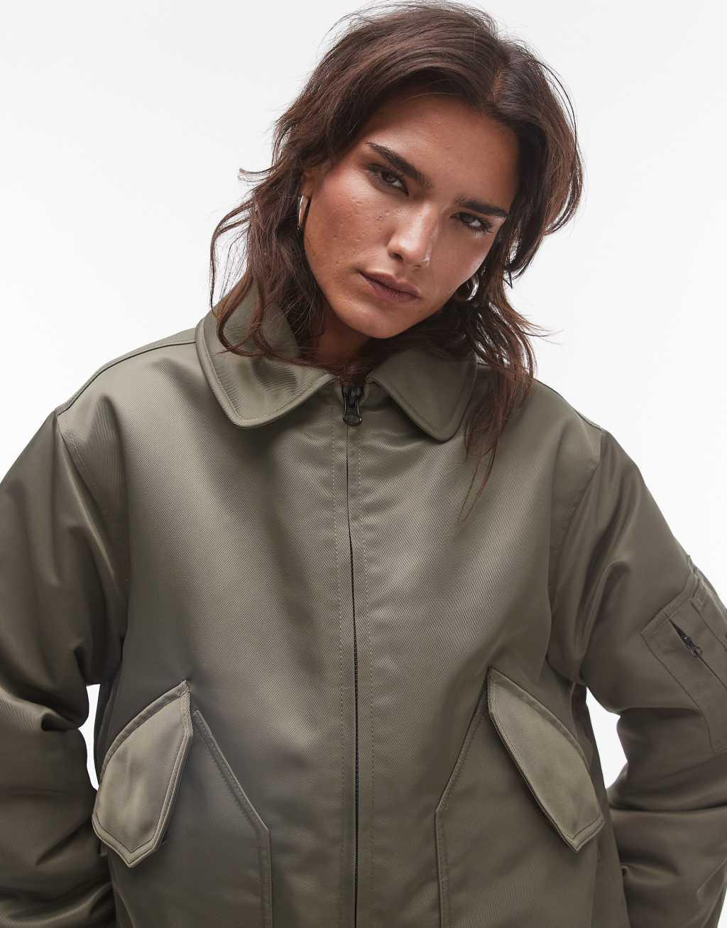 Topshop twill nylon bomber jacket in khaki Product Image