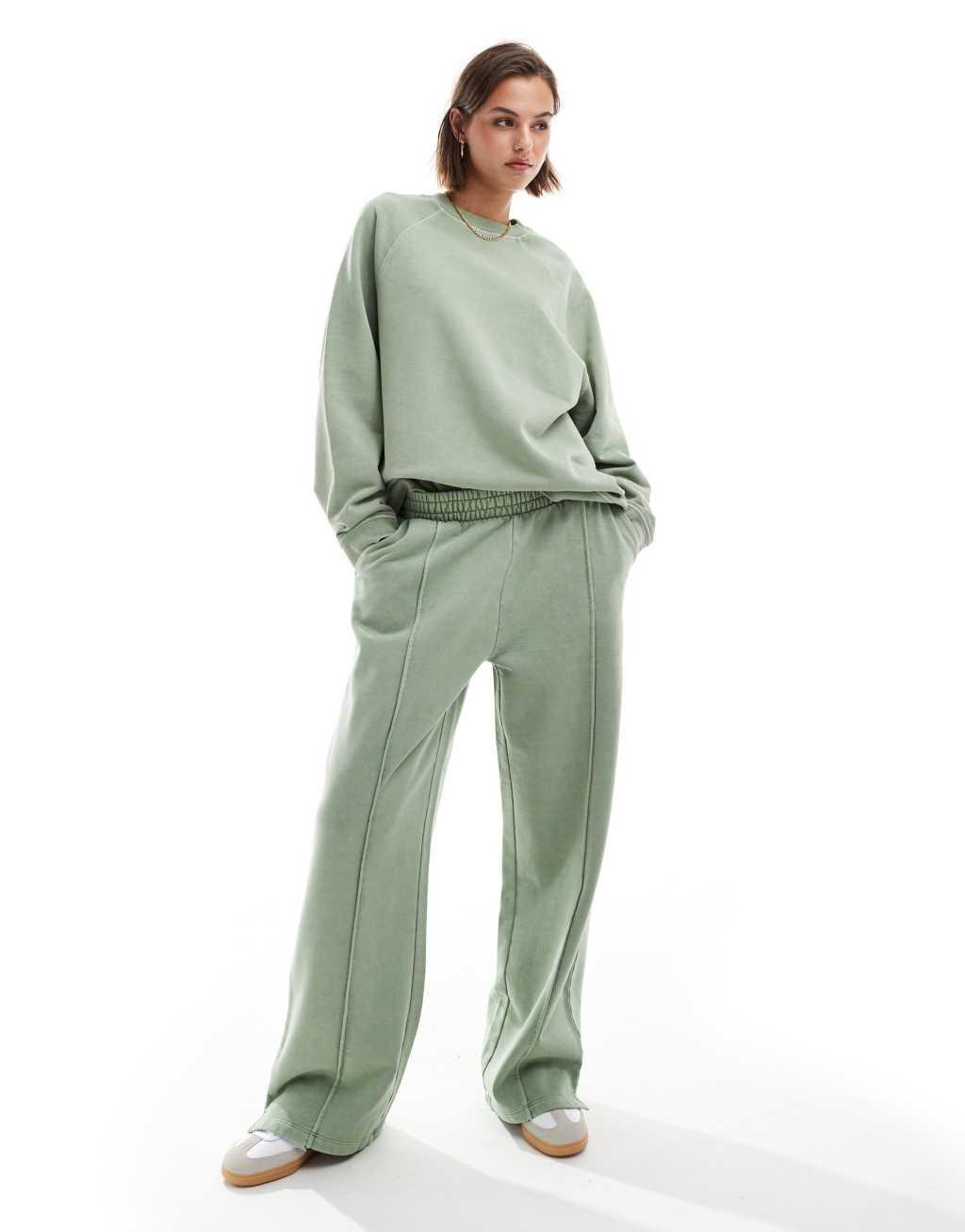 ASOS DESIGN Heavy weight straight leg sweatpants with pintuck in washed sage green Product Image