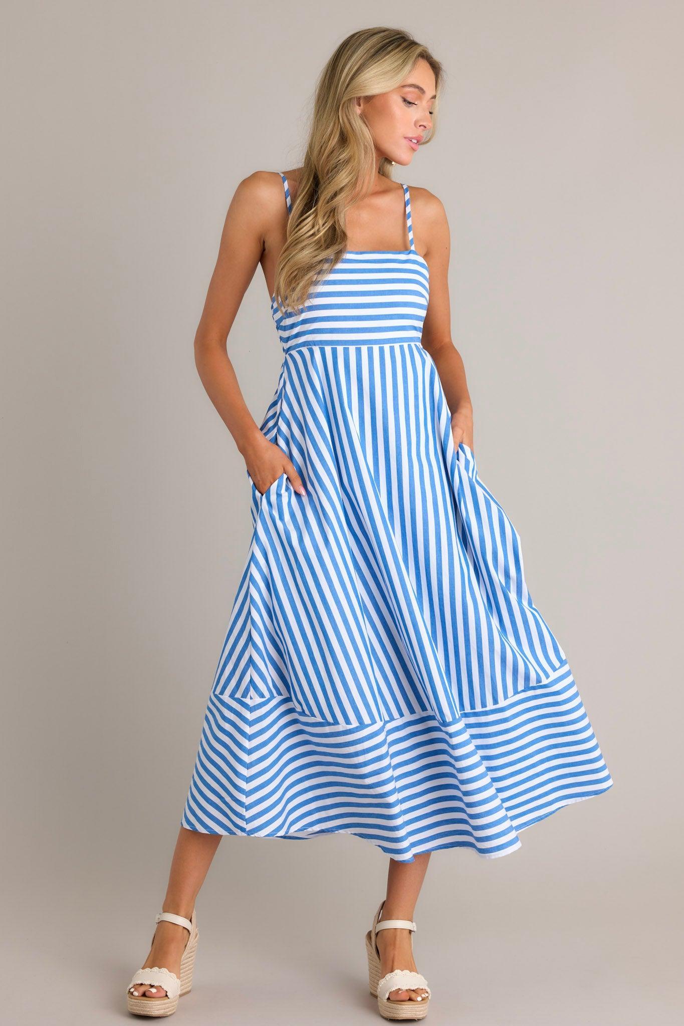 Serene Stunner 100% Cotton Blue Stripe Midi Dress Product Image