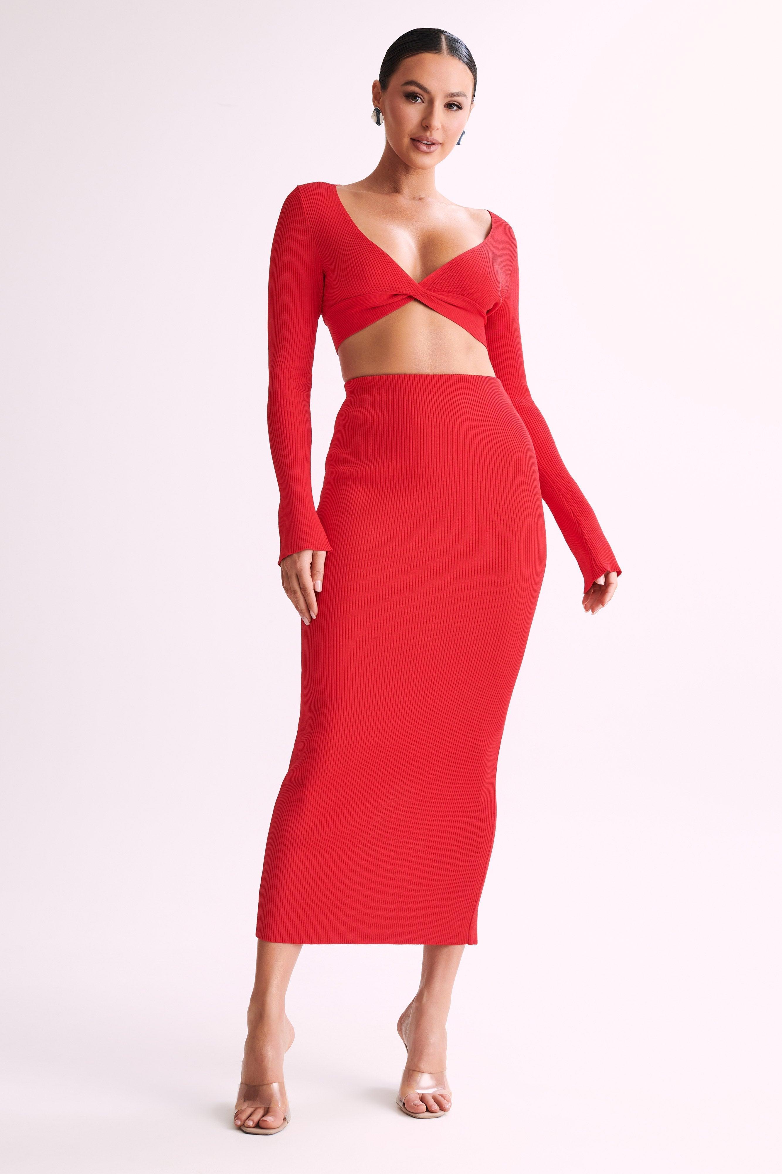 Kaesha Long Sleeve Twist Front Knit Top - Red Product Image