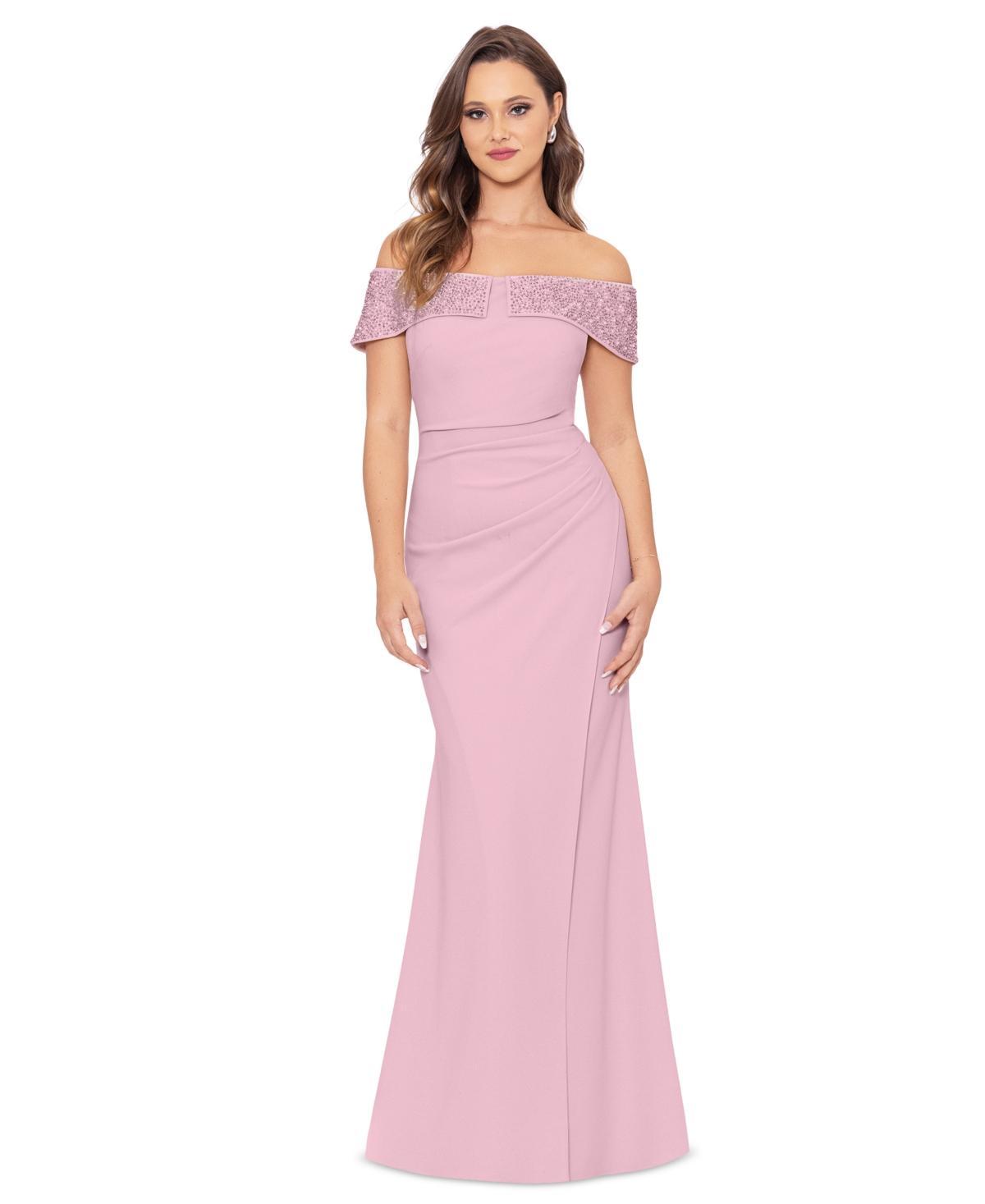 Betsy & Adam Womens Beaded Off-The-Shoulder Gown Product Image