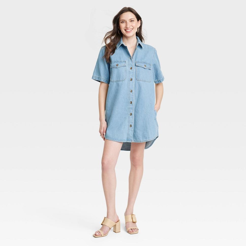 Womens Short Sleeve Shirtdress - Universal Thread Light Wash Product Image