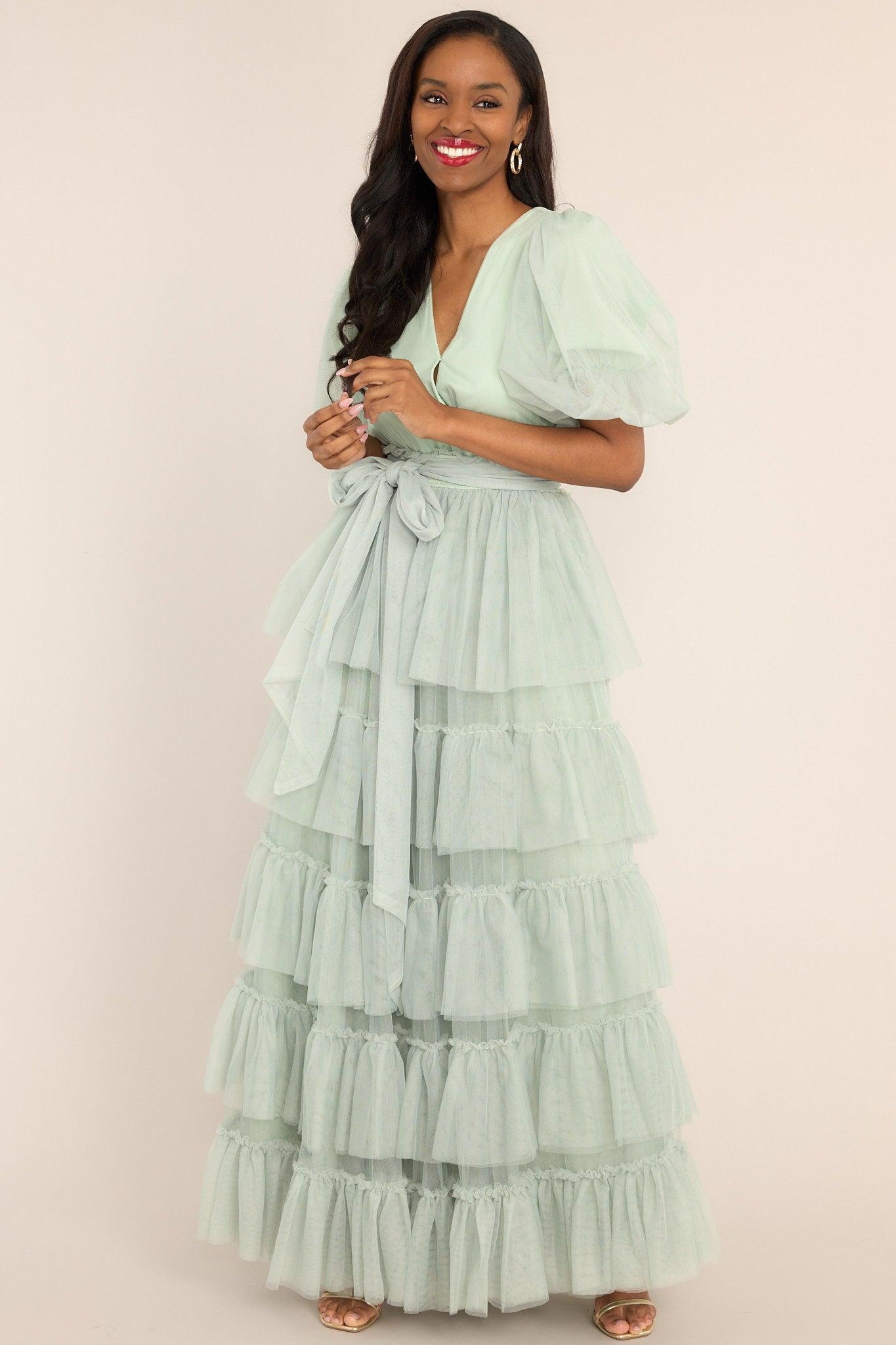 A Beautiful Feeling Seafoam Tiered Tulle Maxi Dress Product Image