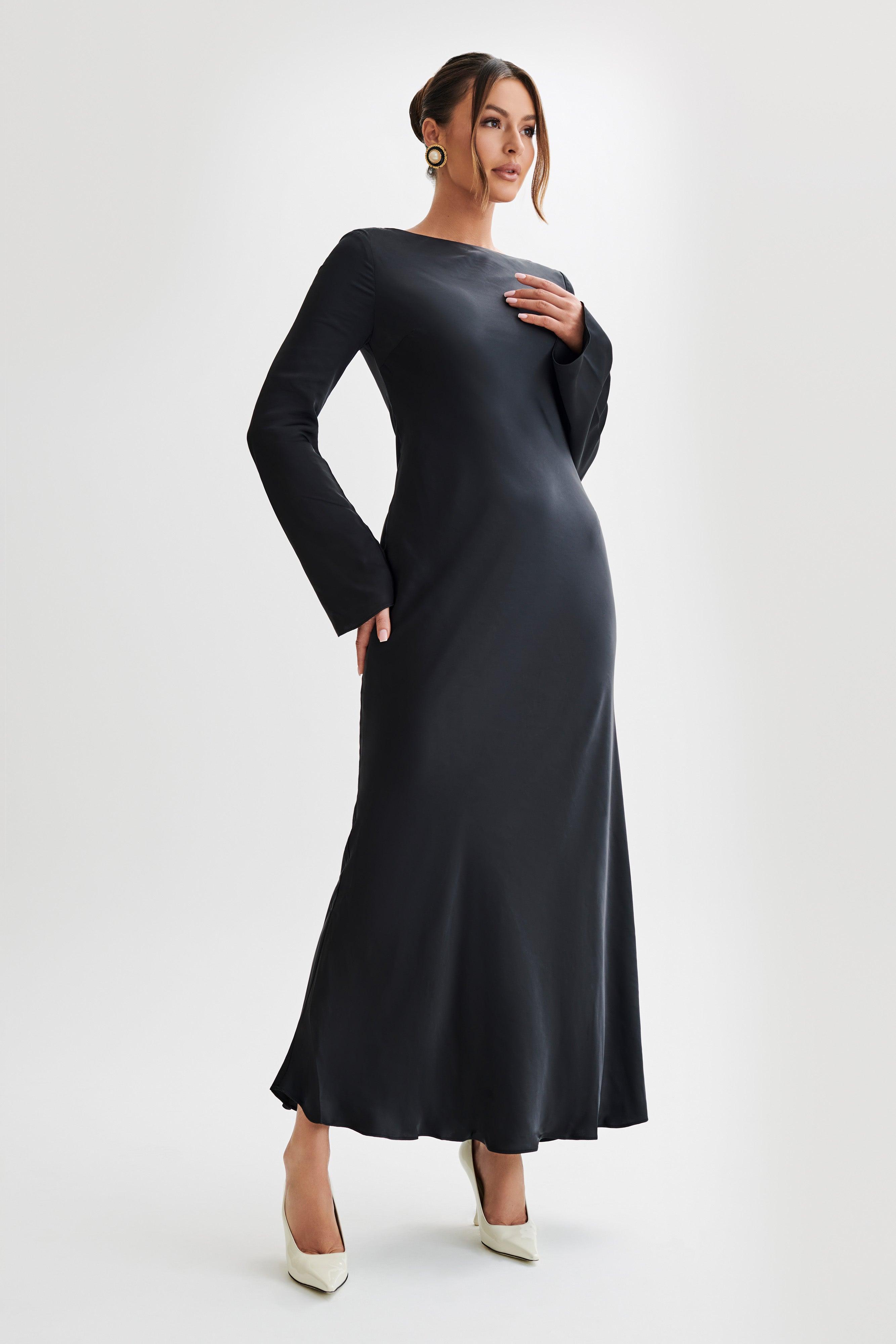 Rayleigh Long Sleeve Satin Maxi Dress - Black Product Image