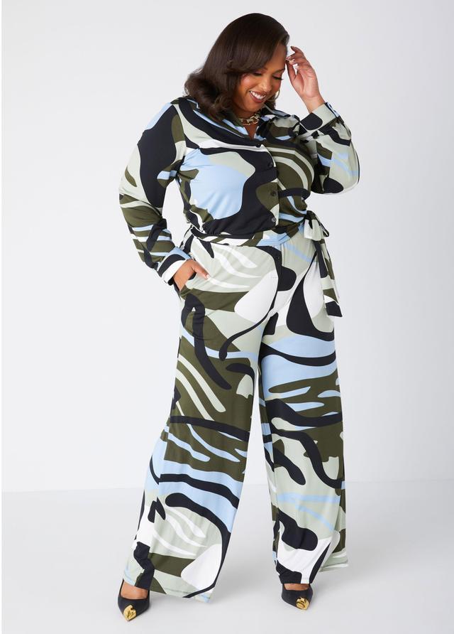 Plus Size Belted Swirl Print Jumpsuit, - Ashley Stewart Product Image